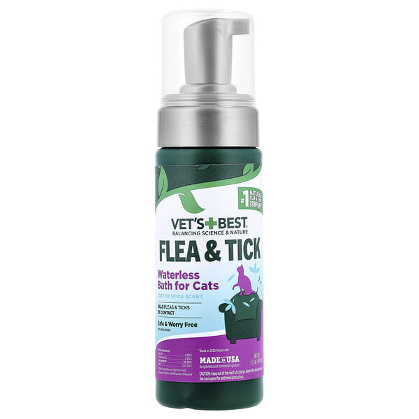Vet's Best, Flea & Tick Waterless Bath For Cats, Cotton Spice, 5 fl oz (147 ml)