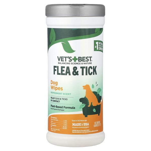 Vet's Best, Flea & Tick Dog Wipes, Peppermint, 50 Wipes (6" x 8") Each