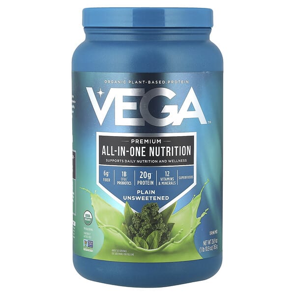 Vega, органик Plant-Based уураг, Premium All-In-One Nutrition, Plain Unsweetened, 1 lb 10.9 oz (763 g)