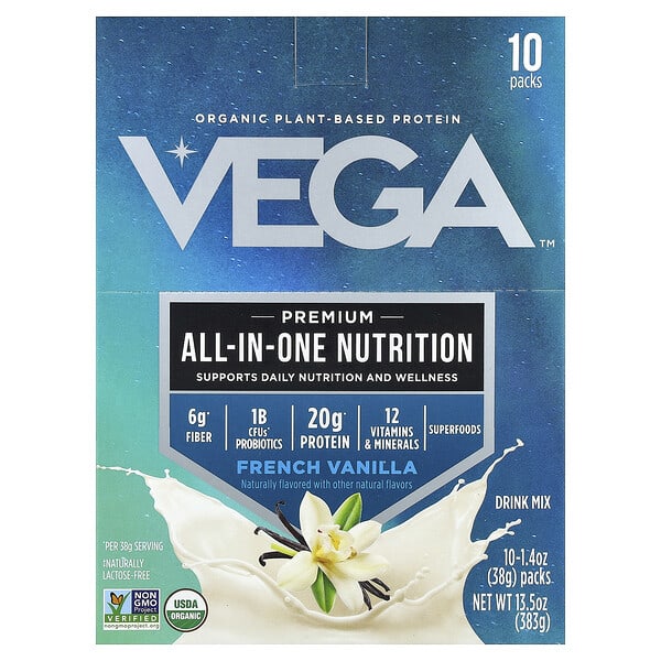 Vega, органик Plant-Based уураг, Premium All-In-One Nutrition, French Vanilla, 10 Packs, 1.4 oz (38 g) Each