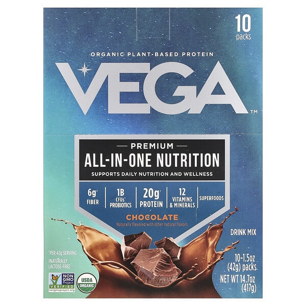Vega, органик Plant-Based уураг, Premium All-In-One Nutrition, Chocolate, 10 Packs, 1.5 oz (42 g) Each