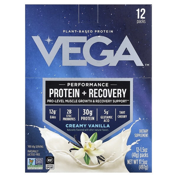 Vega, ургамлын гаралтай Уураг, Performance Protein + Recovery, Creamy Vanilla, 12 Packs, 1.5 oz (41 g) Each