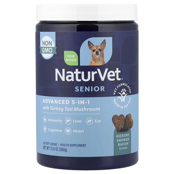 NaturVet, Senior Advanced 5-in-1 with Turkey Tail Mushroom, For Dogs, Hickory Smoked Bacon, 120 Soft Chews, 12.6 oz (360 g)