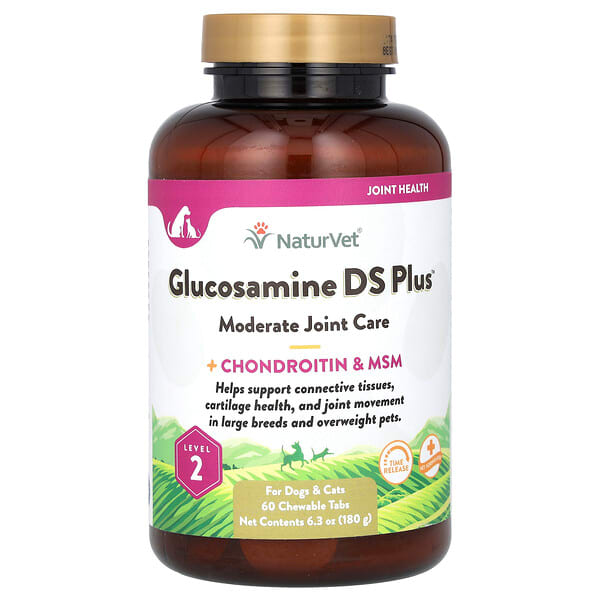 NaturVet, Глюкозамин DS Plus, Moderate Joint Care + Chondroitin & MSM, For Dogs & Cats, Level 2, 60 зажилдаг шахмал Tabs, 6.3 oz (180 g)