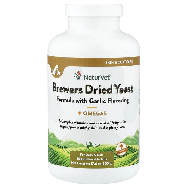 NaturVet, Brewers Dried Yeast + Omegas, For Dogs ба Cats, 1, 000 Chewable Tabs, 17.6 oz (500 g)