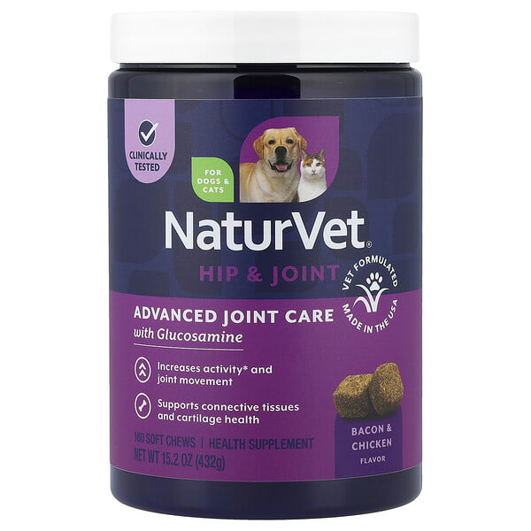 NaturVet, Hip & Joint, Advanced Joint Care with Glucosamine, For Dogs & Cats, Bacon & Chicken, 180 Soft Chews, 15.2 oz (432 g)