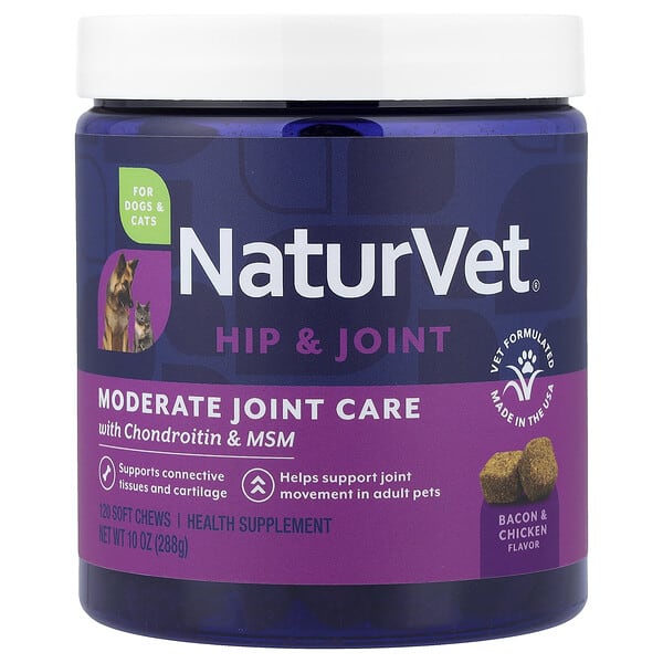 NaturVet, Hip & Joint, Moderate Joint Care with Chondroitin & MSM, For Dogs & Cats, Bacon & Chicken, 120 Soft Chews, 10 oz (288 g)