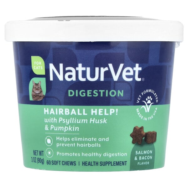 NaturVet, Digestion, Hairball Helps with Psyllium Husk & Pumpkin, For Cats, Salmon & Bacon, 60 Soft Chews, 3 oz (90 g)