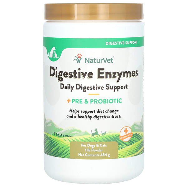 NaturVet, Digestive Фермент, Daily Digestive Support + Pre & Probiotic Powder, For Dogs & Cats, 1 lb (454 g)