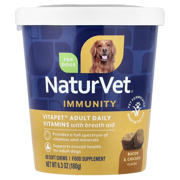 NaturVet, VitaPet™ Adult, Daily Vitamins with Breath Aid, For Dogs, Bacon & Chicken, 60 Soft Chews, 6.3 oz (180 g)