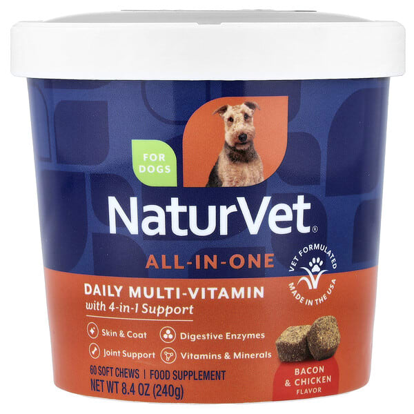 NaturVet, All-In-One, Daily Multi-Vitamin with 4-in-1 Support, For Dogs, Bacon & Chicken, 60 Soft Chews, 8.4 oz (240 g)