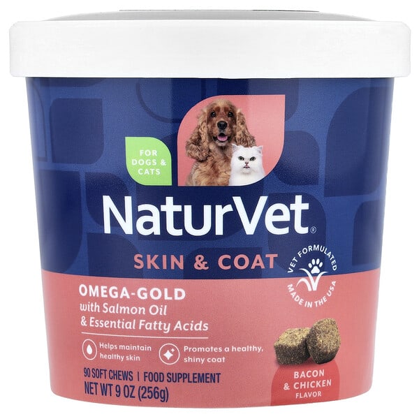 NaturVet, Omega-Gold With Salmon Oil & Essential Fatty Acids, For Dogs & Cats, Bacon & Chicken, 90 Soft Chews, 9 oz (256 g)