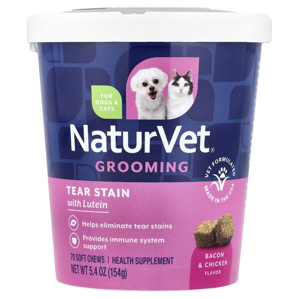 NaturVet, Grooming, Tear Stain with Lutein, For Dogs & Cats, Bacon & Chicken, 70 Soft Chews, 5.4 oz (154 g)