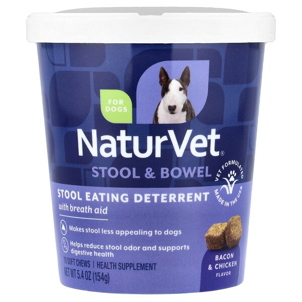 NaturVet, Stool & Bowel, Stool Eating Deterrent with Breath Aid, For Dogs, Bacon & Chicken, 70 Soft Chews, 5.4 oz (154 g)