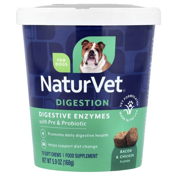 NaturVet, Digestive Enzymes With Pre and Probiotic, For Dogs, Bacon & Chicken, 70 Soft Chews, 5.9 oz (168 g)