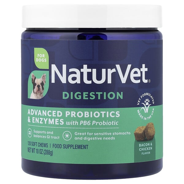 NaturVet, Digestion, Advanced Probiotics & Enzymes with PB6 Probiotic, For Dogs, Bacon & Chicken, 120 Soft Chews, 10 oz (288 g)