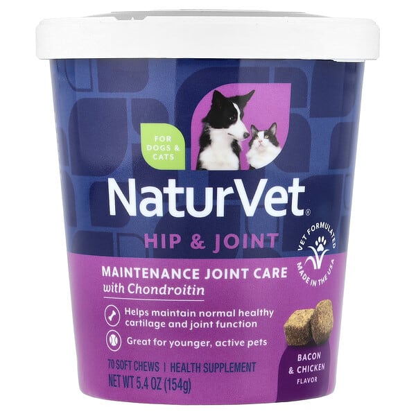 NaturVet, Hip & Joint, Maintenance Joint Care with Chondroitin, For Dogs & Cats, Bacon & Chicken, 70 Soft Chews, 5.4 oz (154 g)