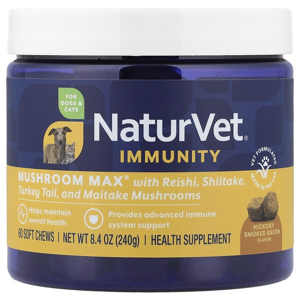 NaturVet, Immunity, Mushroom Max® with Reishi, Shiitake, Turkey Tail and Maitake Mushrooms, For Dogs & Cats, Hickory Smoked Bacon, 60 Soft Chews, 8.4 oz (240 g)