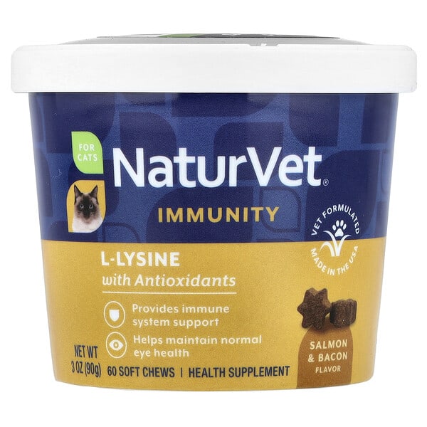 NaturVet, Immunity, L-Lysine with Antioxidants, For Cats, Salmon & Bacon, 60 Soft Chews, 3 oz (90 g)