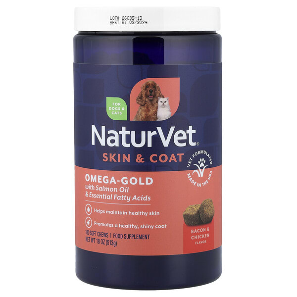 NaturVet, Omega-Gold with Salmon Oil & Essential Fatty Acids, For Dogs & Cats, Bacon & Chicken, 180 Soft Chews, 18 oz (513 g)