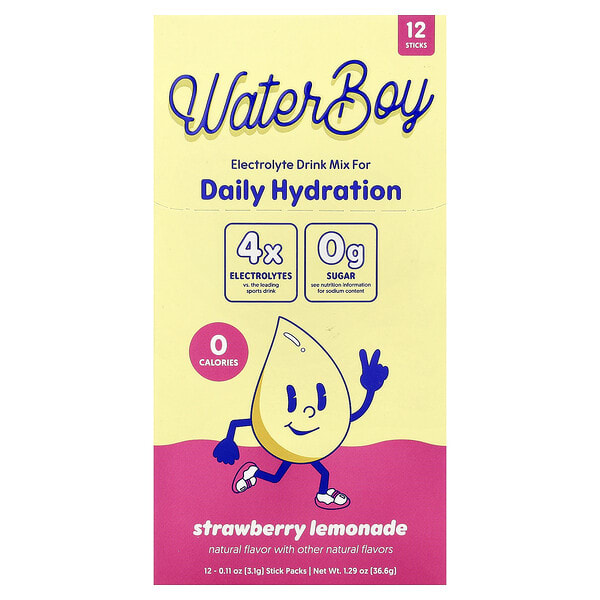 Waterboy, Daily Hydration, Electrolyte Drink Mix, Strawberry Lemonade, 12 савтай нунтаг, 0.11 oz (3.1 g) Each