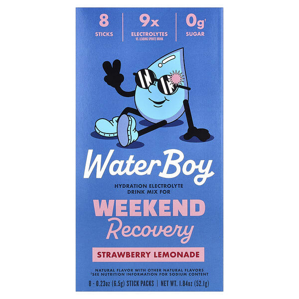 Waterboy, Weekend Recovery, Hydration Electrolyte Drink Mix, Strawberry Lemonade, 8 Stick Packs, 0.23 oz (6.5 g) Each