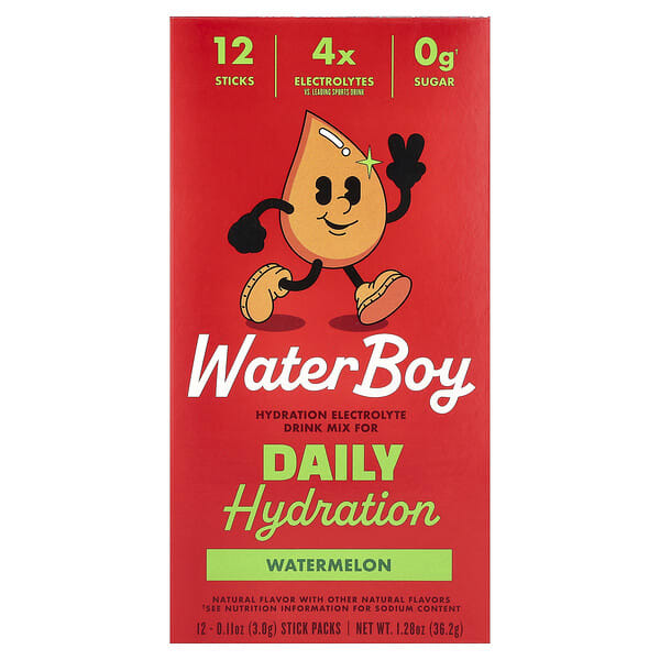 Waterboy, Daily Hydration, Electrolyte Drink Mix, Watermelon, 12 савтай нунтаг, 0.11 oz (3 g) Each