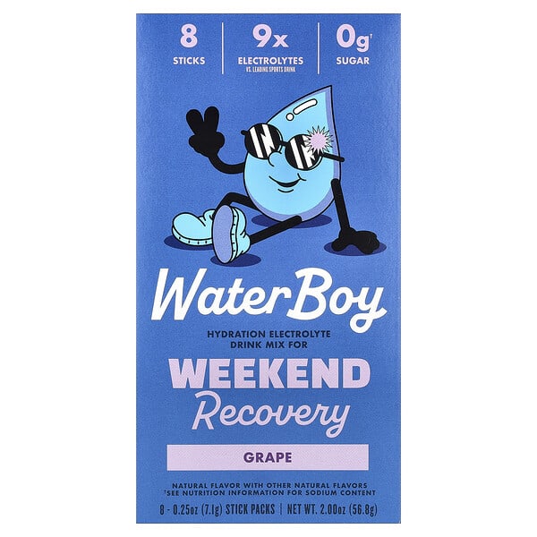 Waterboy, Weekend Recovery, Hydration Electrolyte Drink Mix, Grape, 8 Stick Packs, 0.25 oz (7.1 g) Each