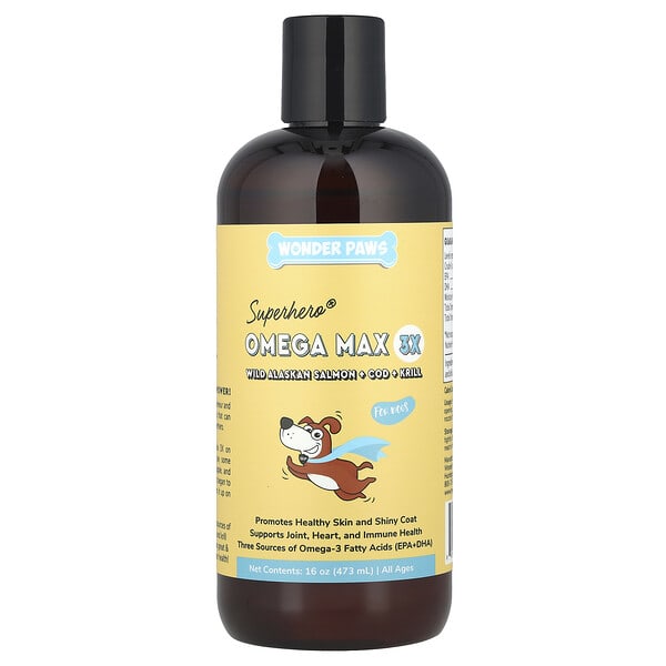 Wonder Paws, Superhero® Omega Max 3X, загасны тос, Wild Alaskan Salmon + Cod + Krill, For Dogs, All Ages, 16 oz (473 ml)