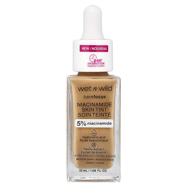 wet n wild, Barefocus, Niacinamide Skin Tint, 1116321 Amber Beige, 1.08 fl oz (32 ml)