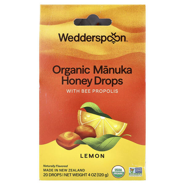 Wedderspoon, Organic Manuka Honey Drops with Bee Propolis, Lemon, 20 дусал, 4 oz (120 g)