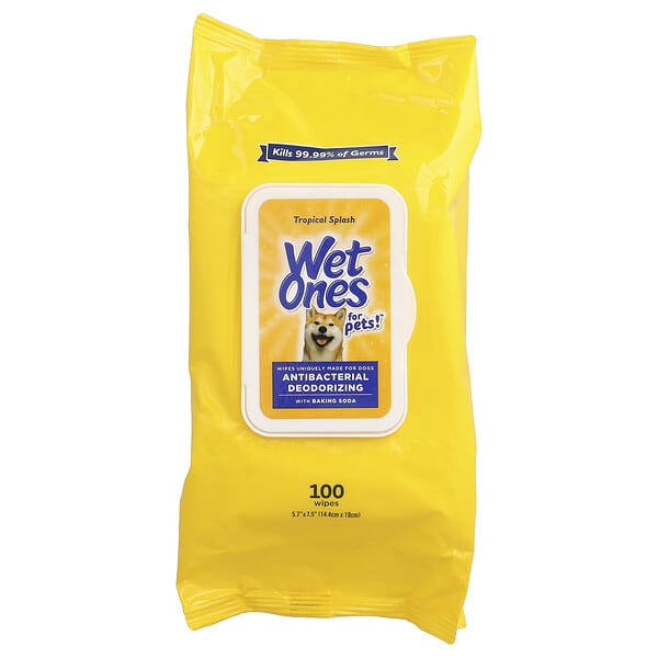 Wet Ones, Antibacterial Deodorizing Wipes with Baking Soda, For Dogs, Tropical Splash, 100 Wipes