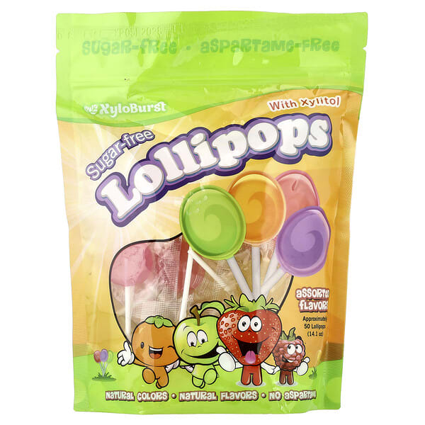 Xyloburst, Sugar-Free Lollipops with Xylitol, Assorted Flavors, 50 Lollipops, 14.1 унц