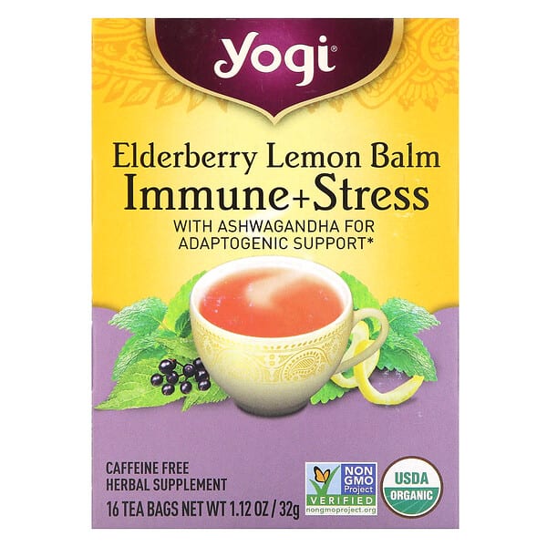 Yogi Tea, Immune + Stress, Elderberry Lemon Balm, Caffeine Free, 16 Tea Bags, 1.12 oz (32 g)