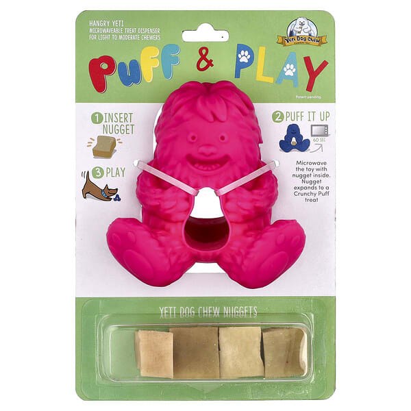Yeti Dog Chew, Puff & Play, Treat Dispenser, Yeti Dog Chew Nuggets, Pink, 4 Nuggets, 1 Dispenser