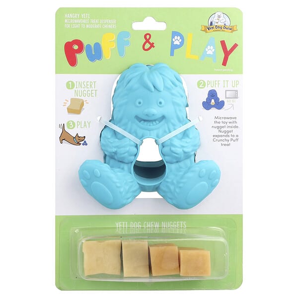 Yeti Dog Chew, Puff & Play, Treat Dispenser, Yeti Dog Chew Nuggets, Blue, 4 Nuggets, 1 Dispenser