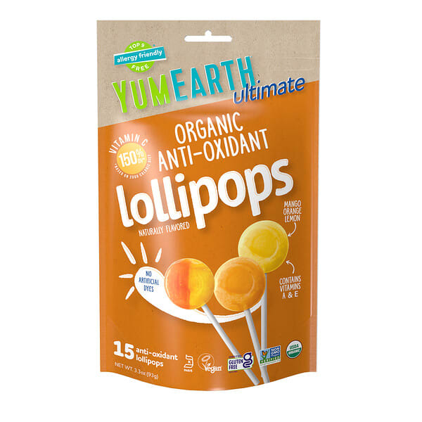 YumEarth, Ultimate, Organic Anti-Oxidant Lollipops, Mango, Orange, Lemon, 15 Lollipops, 3.3 oz (93 g)