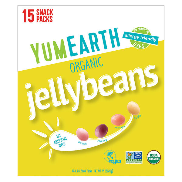 YumEarth, Organic Jelly Beans, 15 Snack Packs, 0.5 oz (14 g) тус бүр