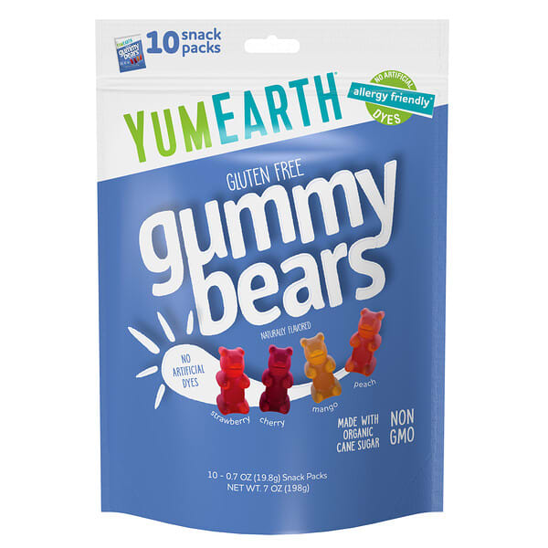 YumEarth, Gluten Free Gummy Bears, Strawberry, Cherry, Mango, Peach, 10 Snack Packs, 0.7 oz (19.8 g) Each
