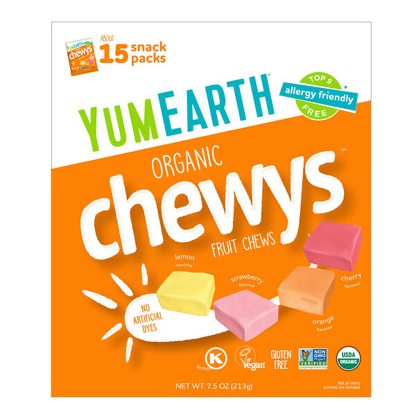 YumEarth, Organic Chewys™, Fruit Chews, 15 Snack Packs, 0.5 oz (14 g) тус бүр