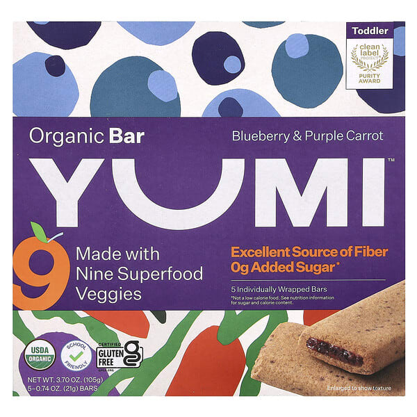 Yumi, Organic Bar, Toddler, Blueberry & Purple Carrot, 5 Bars, 0.74 oz (21 g) Each