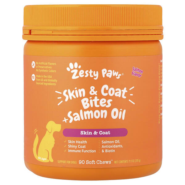 Zesty Paws, Skin & Coat Bites + Salmon Oil, For Dogs, All Ages, Salmon, 90 Soft Chews, 11.1 oz (315 g)
