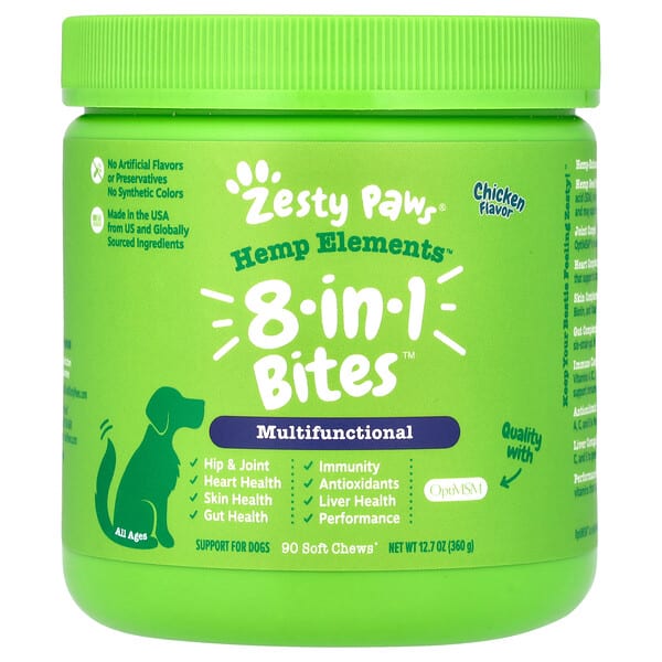 Zesty Paws, Hemp Elements™, 8-in-1  Bites, For Dogs, All Ages, Chicken, 90 Soft Chews, 12.7 oz (360 g) (Discontinued Item)