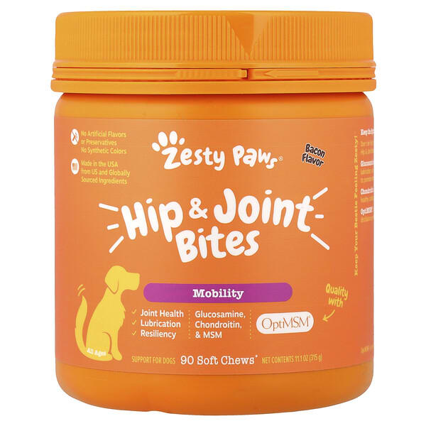 Zesty Paws, Hip & Joint Bites, For Dogs, All Ages, Bacon, 90 Soft Chews, 11.1 oz (315 g)