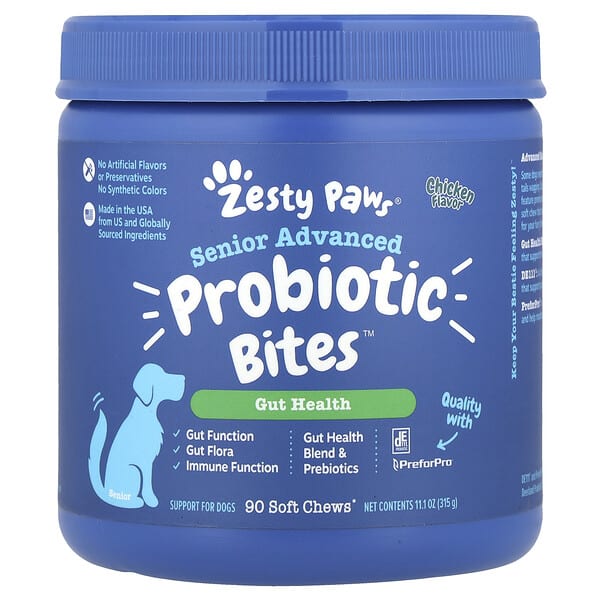 Zesty Paws, Senior Advanced Probiotic Bites™, For Dogs, Ахмадын, Chicken, 90 Soft Chews, 11.1 oz (315 g)