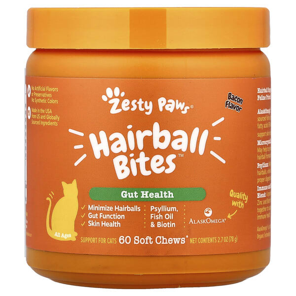 Zesty Paws, Hairball Bites™, For Cats, All Ages, Bacon, 60 Soft Chews, 2.7 oz (78 g) (Discontinued Item)