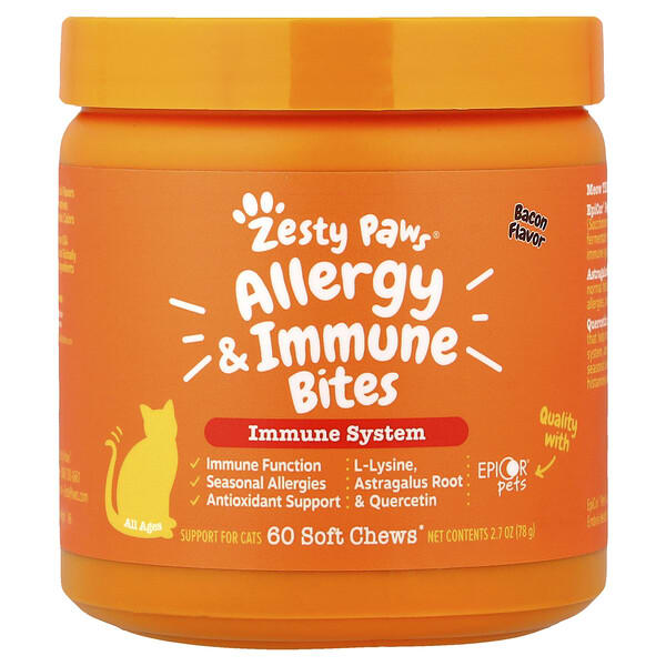 Zesty Paws, Allergy & Immune Bites, For Cats, All Ages, Bacon, 60 Soft Chews, 2.7 oz (78 g) (Discontinued Item)