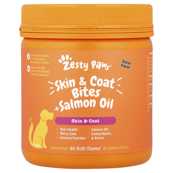 Zesty Paws, Skin & Coat Bites + Salmon Oil, For Dogs, All Ages, Bacon, 90 Soft Chews, 11.1 oz (315 g) (Discontinued Item)