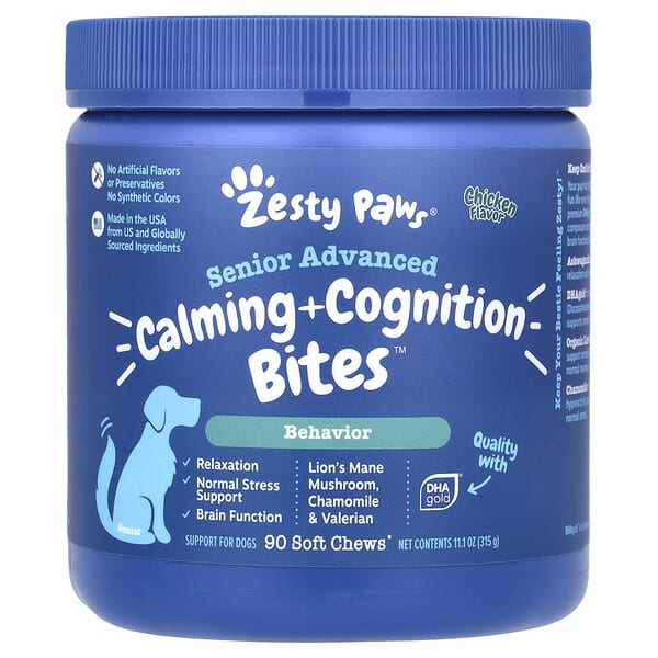Zesty Paws, Senior Advanced, Calming + Cognition Bites, For Dogs, Chicken, 90 Soft Chews, 11.1 oz (315 g)