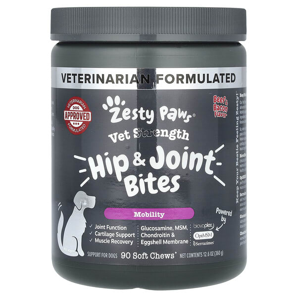 Zesty Paws, Vet Strength Hip & Joint Bites, For Dogs, All Ages, Beef & Bacon, 90 Soft Chews, 12.6 oz (360 g)